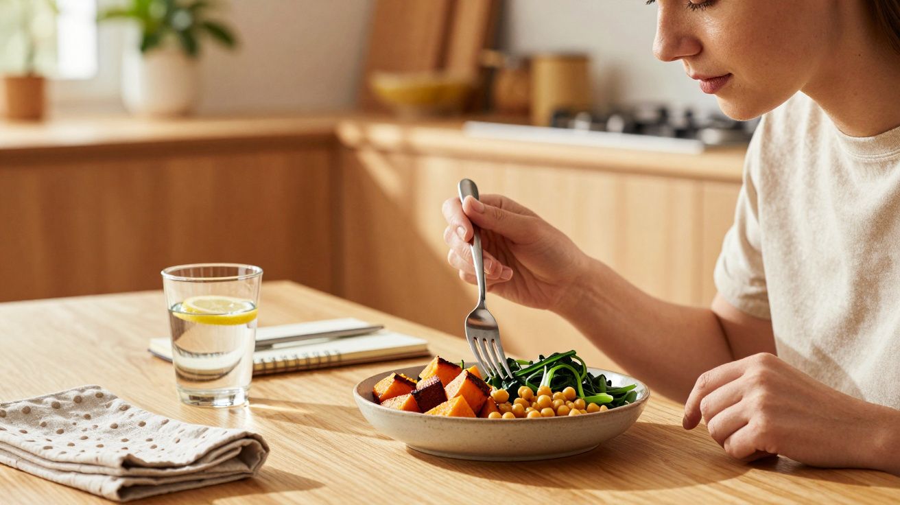 Frau isst an einem Holztisch Salat mit Kürbis, Kichererbsen und Spinat. Daneben ein Glas Wasser mit Zitrone.