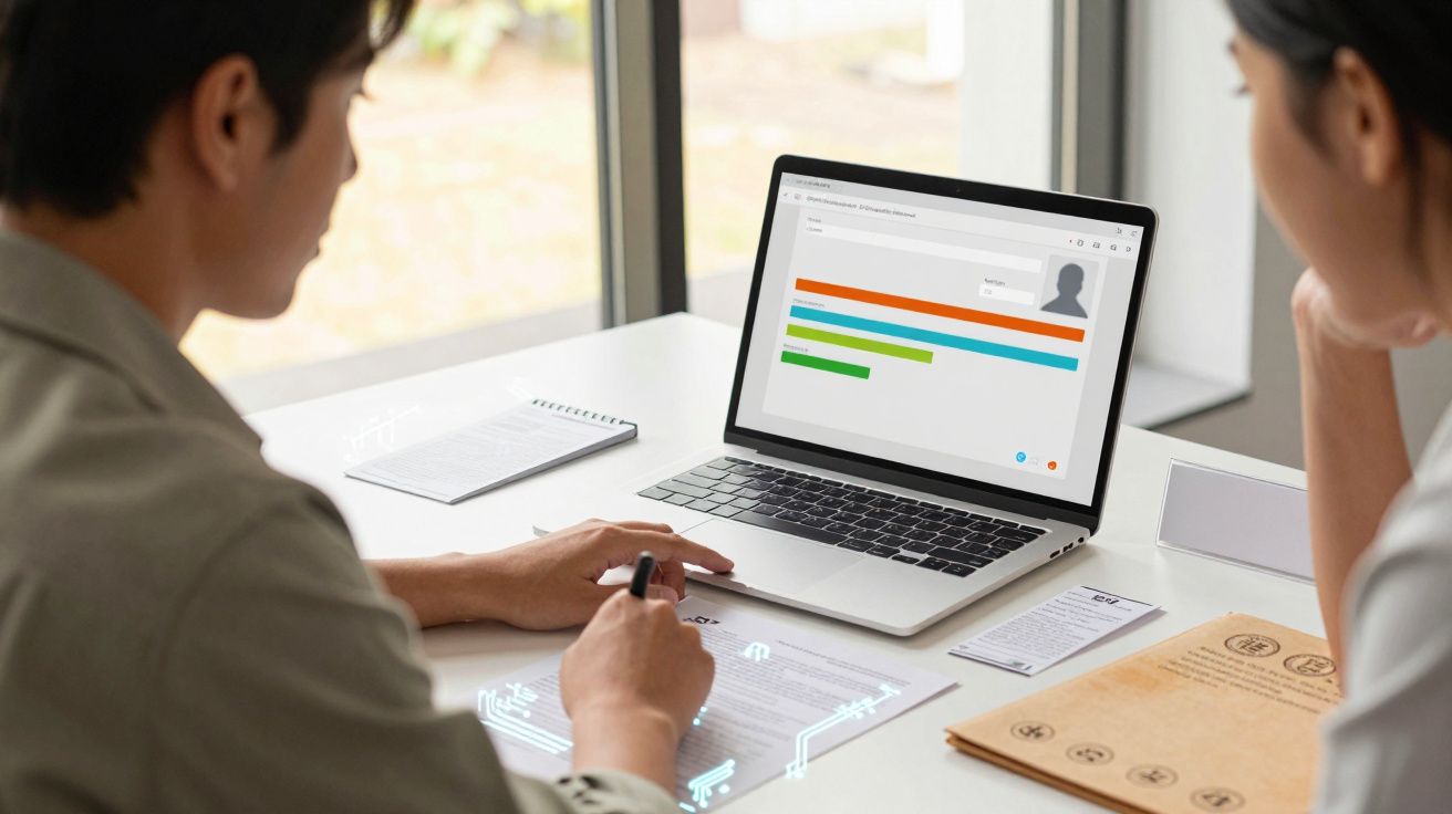 Zwei Personen sitzen an einem Tisch, betrachten Lebenslauf auf Laptop, mit Notizen und Dokumenten, Fenster im Hintergrund.