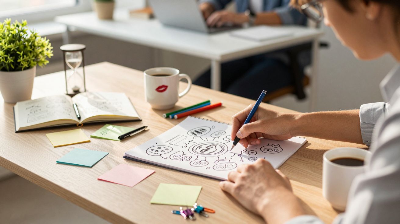 Person skizziert Ideen auf einem Notizblock mit Kaffeetasse, Pflanzen, Laptop und Notizen auf einem Schreibtisch.
