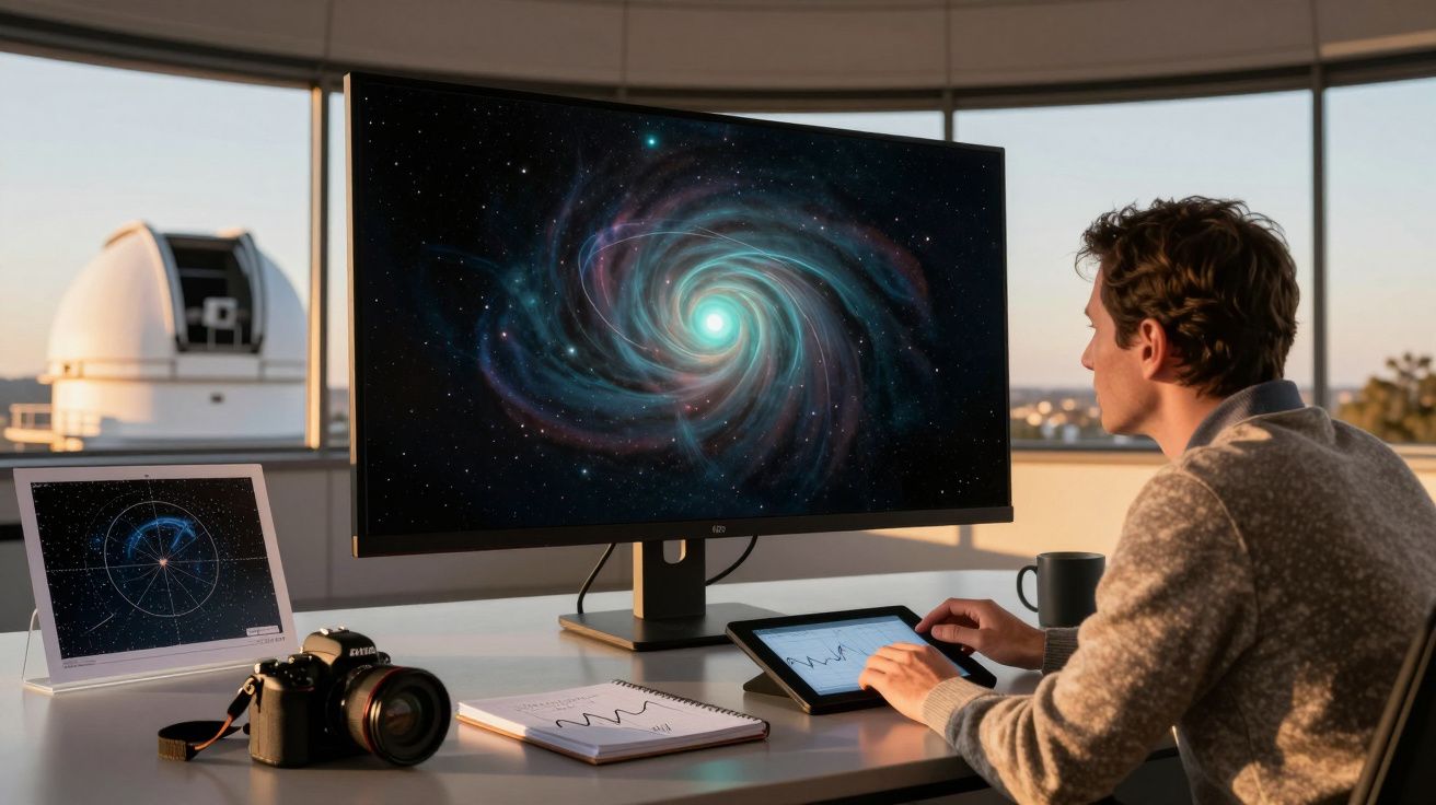 Ein Mann analysiert ein Galaxiebild auf einem Monitor in einem Büro mit Teleskop und Kamera.