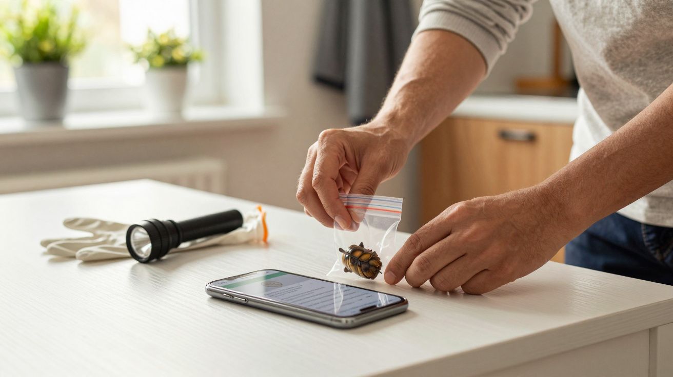 Person legt Insekten in Zip-Beutel auf Tisch, daneben Smartphone, Handschuhe und Taschenlampe.