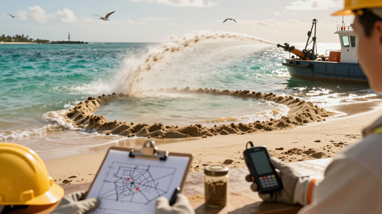 Person am Strand beobachtet Ausbaggerung im Meer, mit Bauplan und Gerät in der Hand. Ein Schiff spritzt Sand auf.