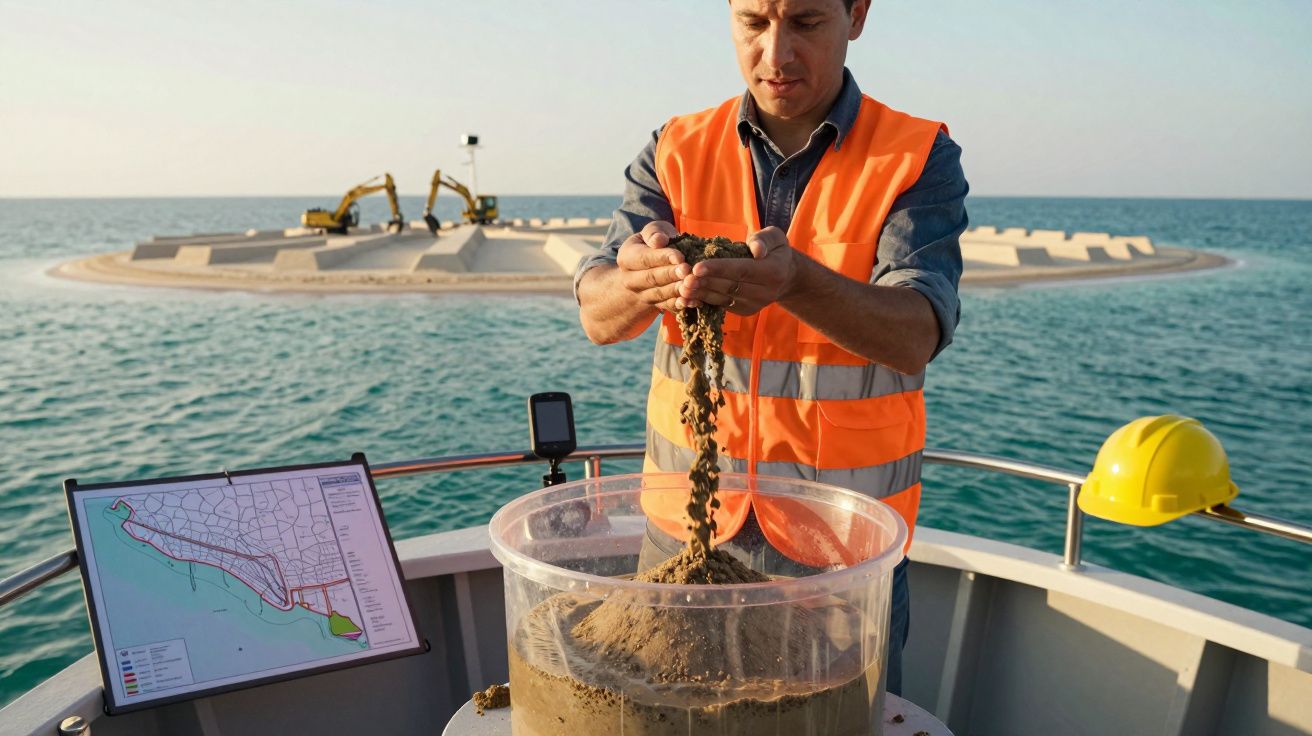 Ein Mann in Warnweste analysiert Sand auf einem Schiff, mit einer Karte und einer künstlichen Insel im Hintergrund.