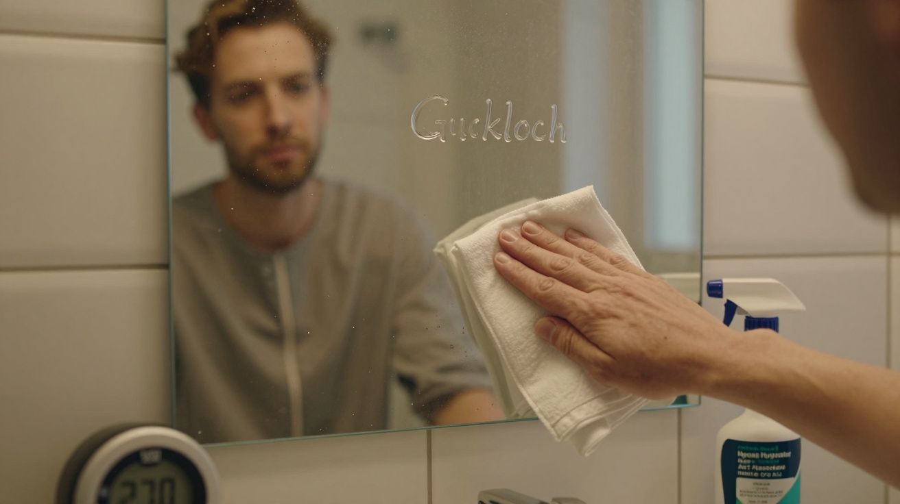 Person wischt Spiegel mit Tuch, hinter dem Spiegel verschwommene Reflexion eines Mannes, Schriftzug "Guckloch" sichtbar.