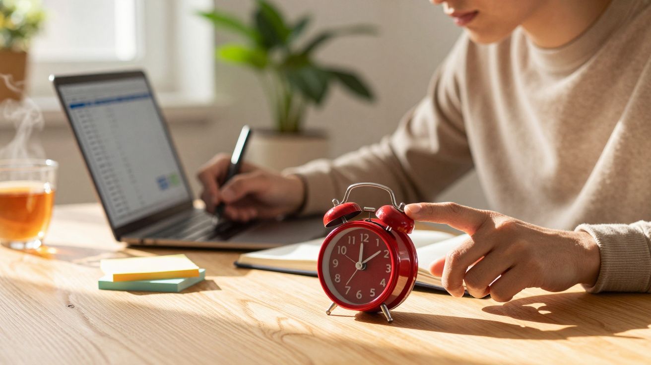Person bei Laptop mit Notizblock, roter Wecker und Tee auf Tisch in hellem Raum.