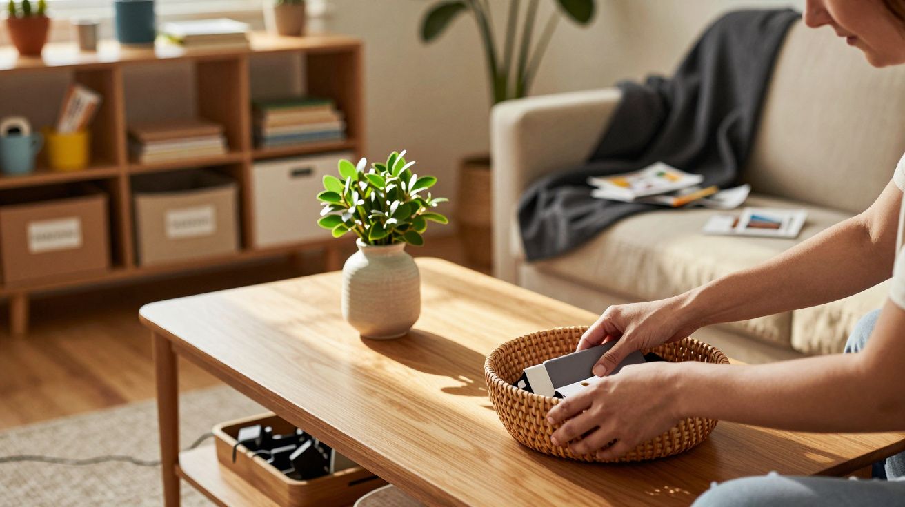 Person legt Handy in einen Korb auf einem Holztisch, daneben eine Pflanze, im Hintergrund ein Sofa und Regal.