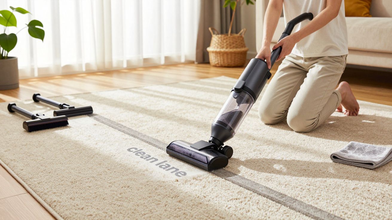 Person staubsaugt einen Teppich im Wohnzimmer. Ein Staubsauger und Tücher liegen daneben auf dem Boden.