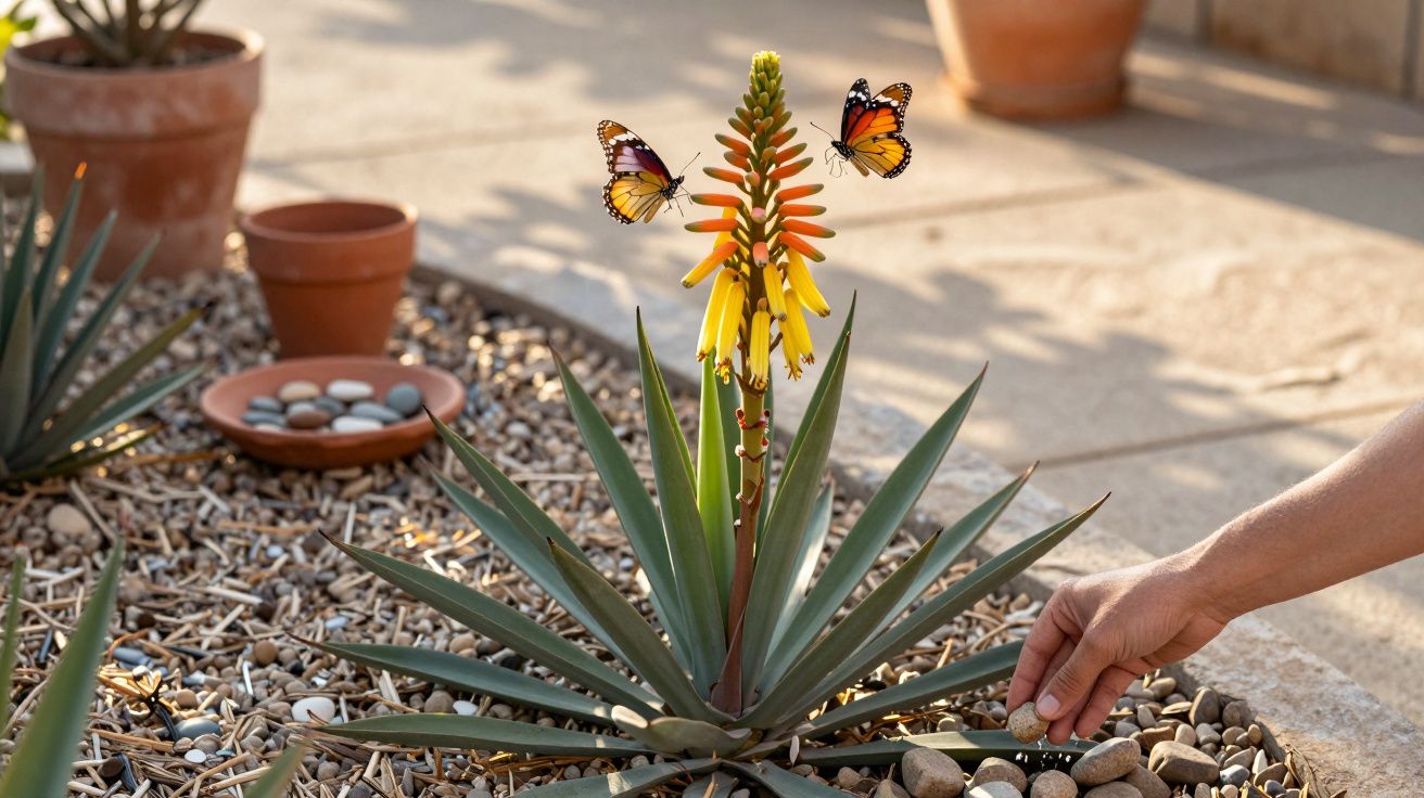 Zwei Schmetterlinge auf einer blühenden Agave in einem Steingarten, eine Hand ordnet Steine im Vordergrund.