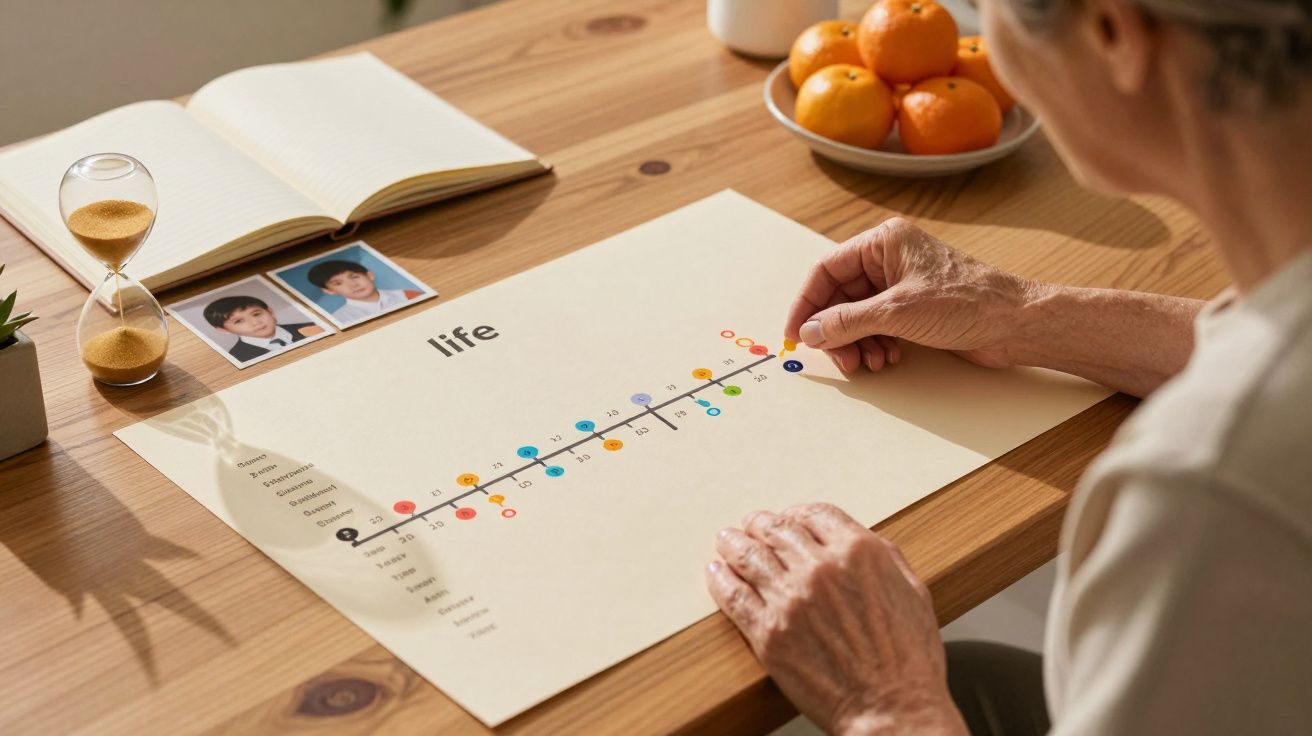 Ältere Frau betrachtet ein Lebensdiagramm auf einem Tisch mit Sanduhr, Fotos und Obst.
