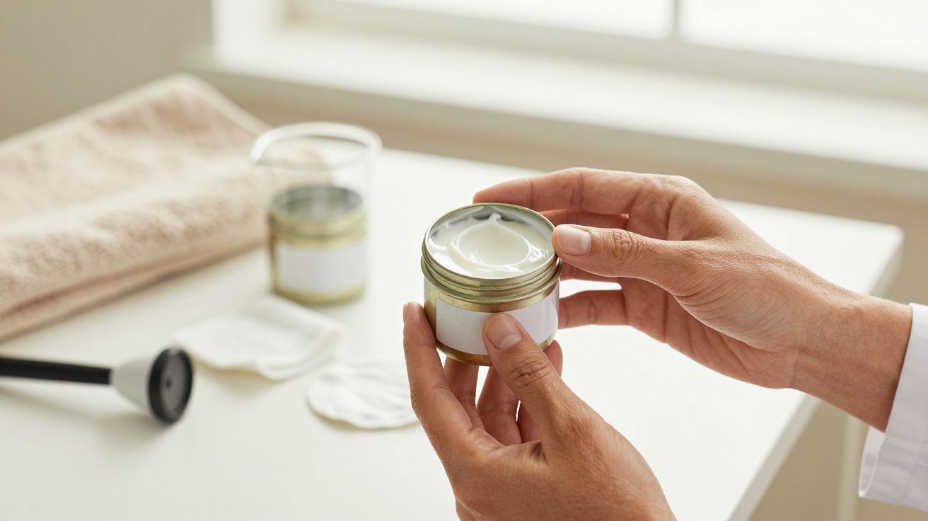 Hände halten einen Cremetiegel, im Hintergrund ein Handtuch und Wattepads auf einem weißen Tisch.