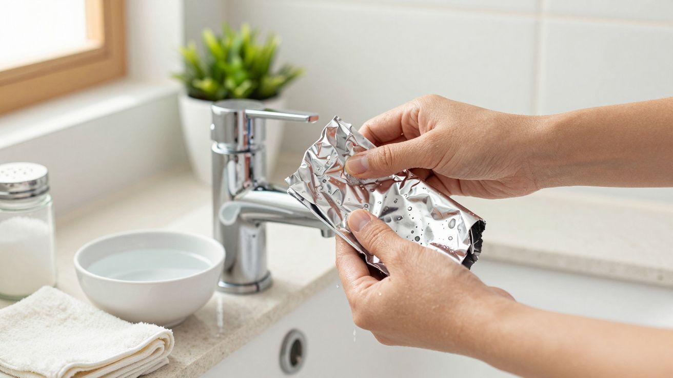 Hände formen Alufolie in der Nähe eines Wasserhahns, Pflanze im Hintergrund.