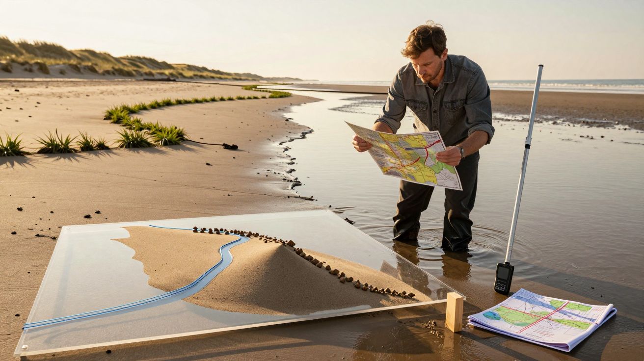 Mann auf Strand studiert Karte und Sandmodell einer Flussmündung, umgeben von Flusslauf und Grasbüscheln.