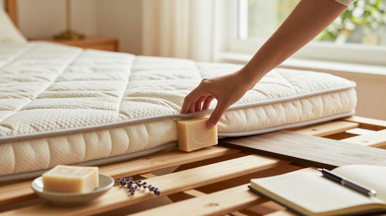 Hand platziert Seifenstück unter Matratze auf Lattenrost neben Notizbuch und Lavendelzweig.