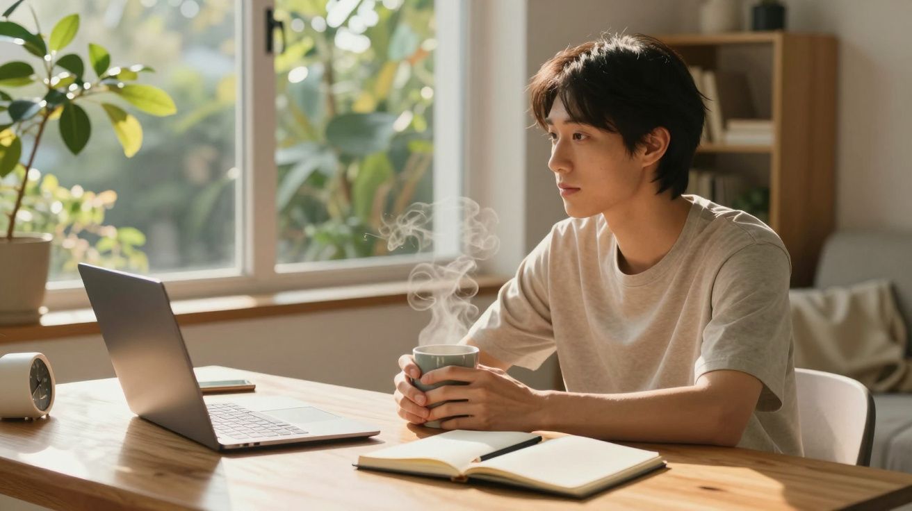 Person sitzt am Tisch mit Laptop, hält Tasse. Offenes Notizbuch daneben, Fensterblick mit Pflanzen im Hintergrund.