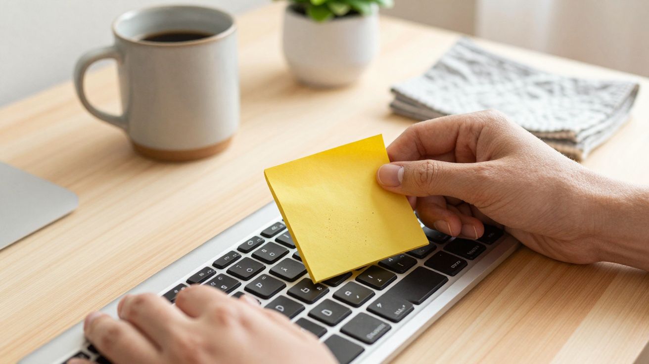 Eine Hand legt gelben Notizzettel auf Laptop-Tastatur, daneben eine Kaffeetasse und Pflanze.
