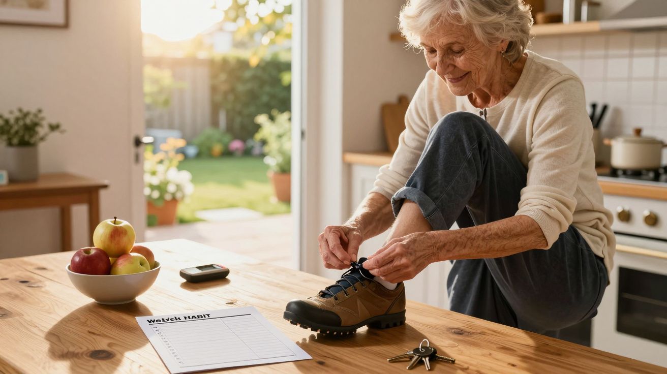 Ältere Frau bindet Wanderschuh in Küche, Holzobstschale und Wanderliste auf Tisch, Tageslicht kommt vom Garten.