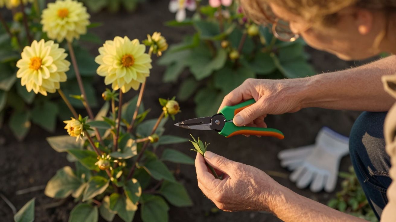 Person schneidet mit Schere Triebe von gelben Blumen im Garten ab.