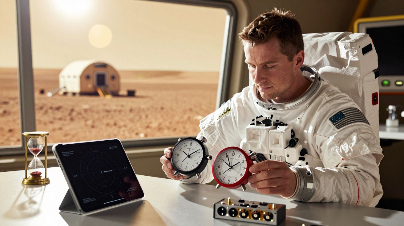 Astronaut in Raumanzug hält zwei Uhren in Raumbasis auf einem roten Planeten, mit Sanduhr und Tablet auf dem Tisch.
