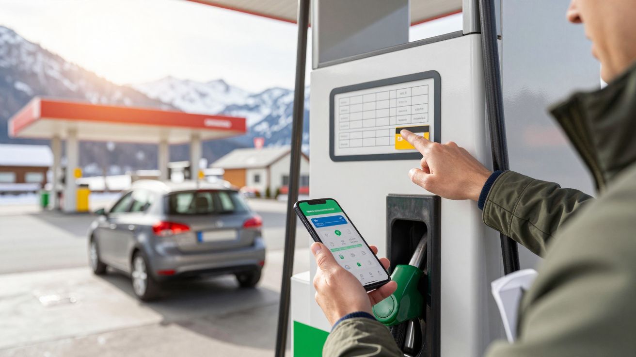Person tankt Auto an Tankstelle und bedient Zapfsäule mit Smartphone vor Alpenkulisse.