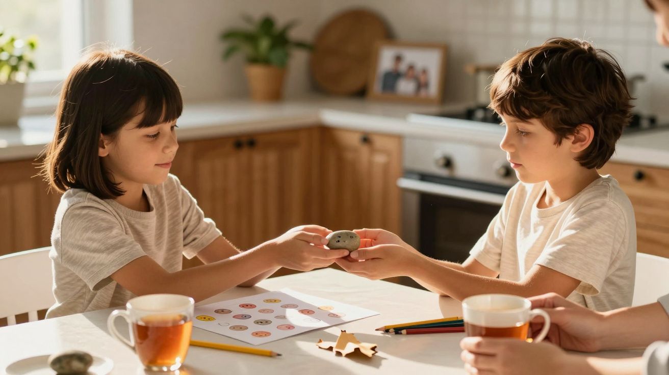 Zwei Kinder sitzen am Tisch in einer Küche, spielen mit Steinen und trinken Tee bei Tageslicht.