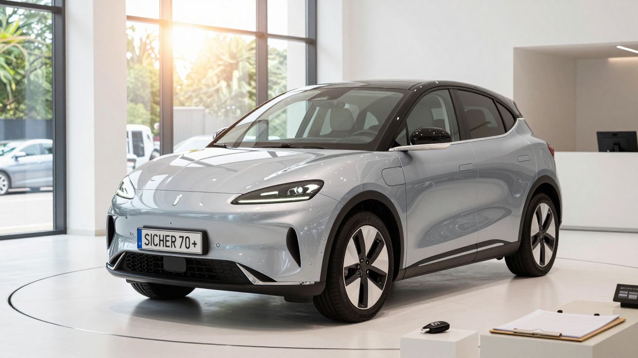 Silbernes Elektroauto in einem modernen Ausstellungsraum, Sonnenlicht durch Fenster im Hintergrund.