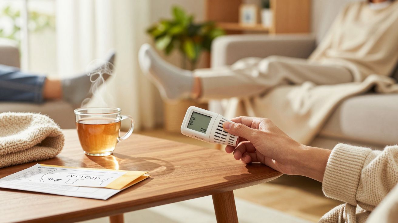 Person hält Fernbedienung, Tee auf Tisch, Person ruht auf Sofa im Hintergrund. Gemütliche Wohnzimmeratmosphäre.