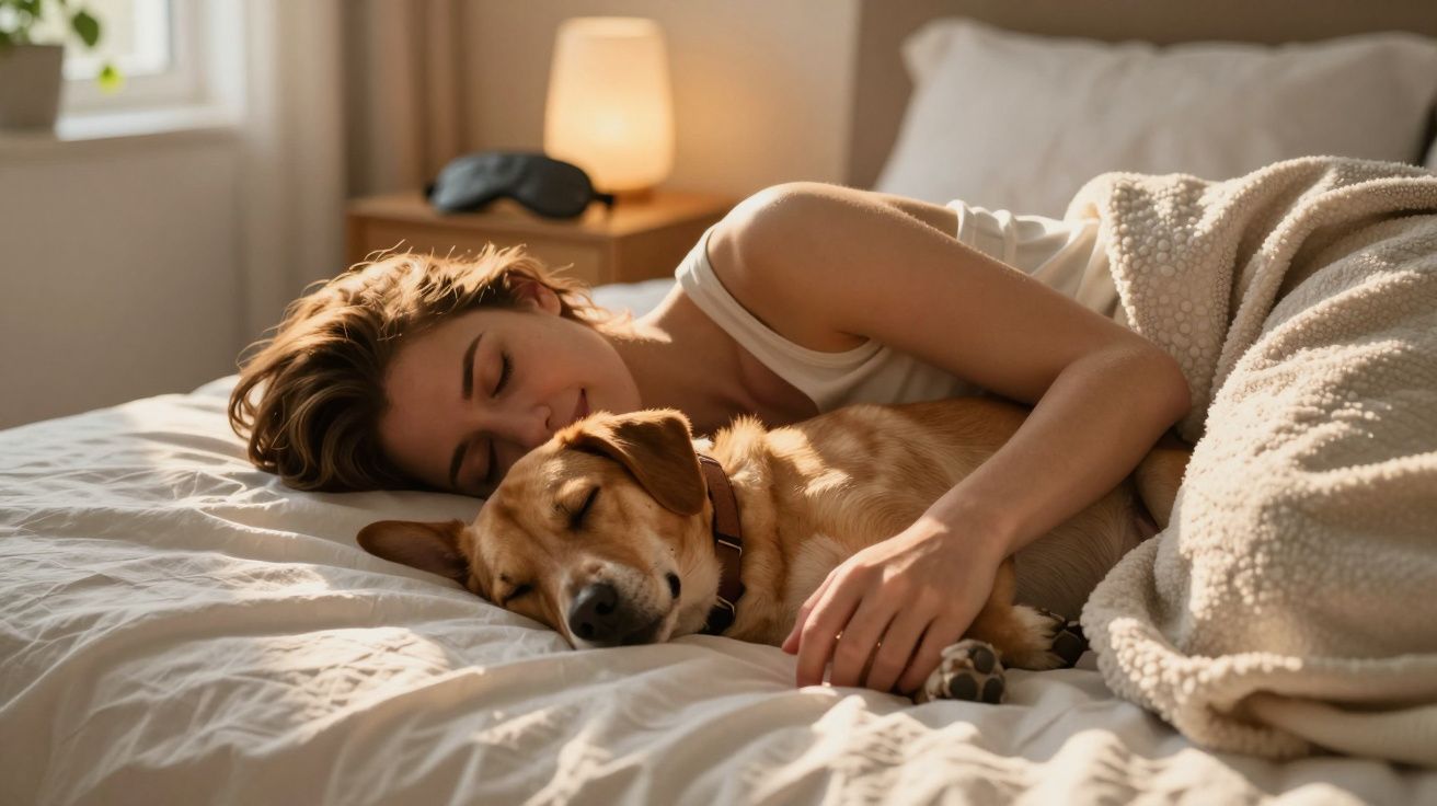 Frau kuschelt mit braunem Hund im Bett, Tageslicht leuchtet sanft ins Zimmer.