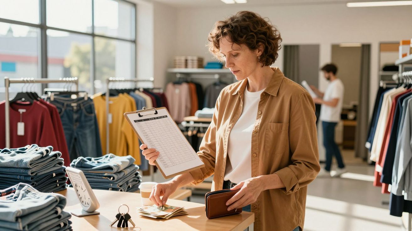 Frau im Bekleidungsgeschäft, überprüft eine Liste und zählt Geld. Kleidung im Hintergrund, sonniger Raum.