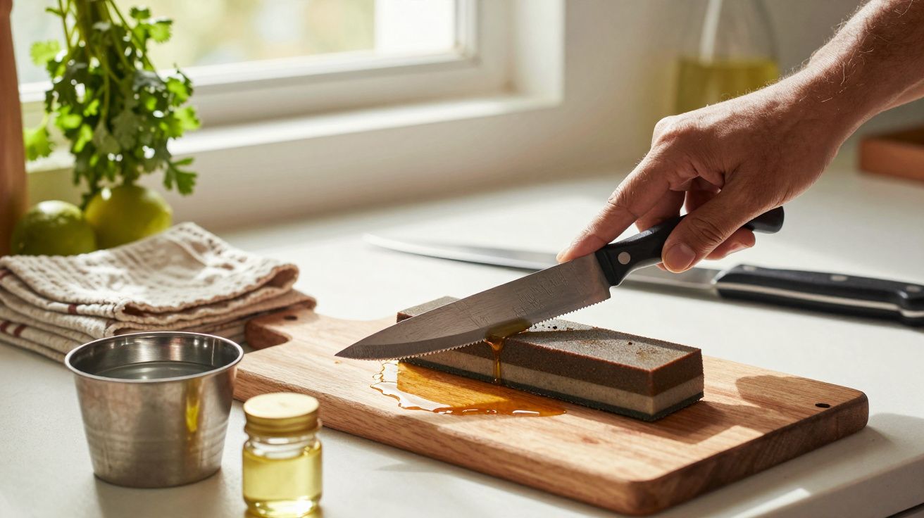 Ein Messer wird auf einem Schleifstein in einer Küche geschärft, mit Olivenöl und Kräutern im Hintergrund.