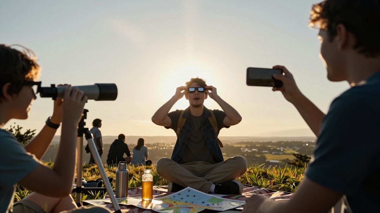 Menschen beim Picknick am Hügel, einer schaut mit Brille zur Sonne, andere nutzen Teleskop und Smartphone bei Sonnenuntergang
