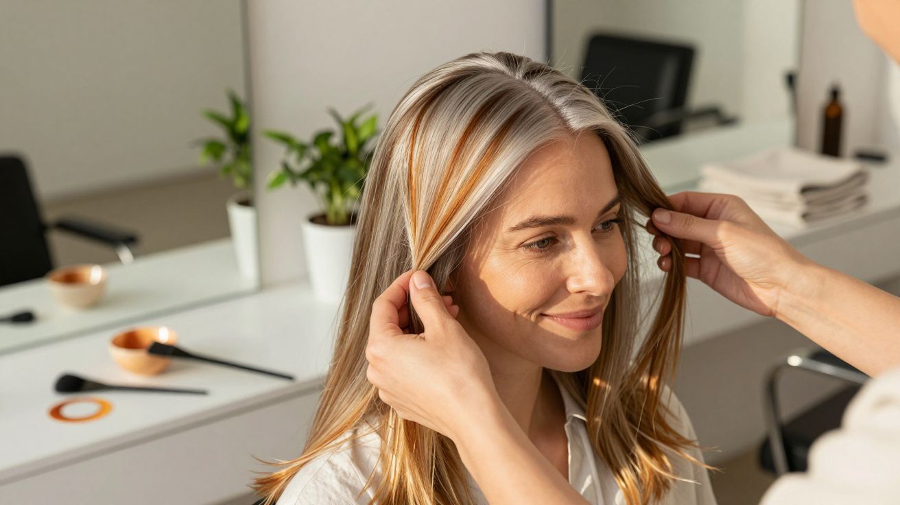Frau im Friseursalon mit frisch gesträhntem Haar, lächelt, während Stylistin die Haare richtet.