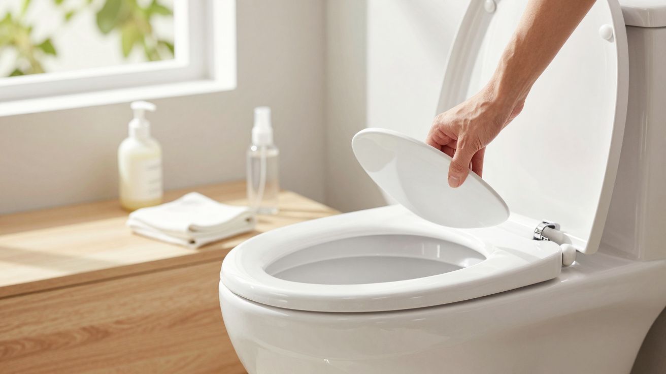 Hand schließt Toilettendeckel, im Hintergrund Seifenspender und Handtücher auf einem Holzregal im Badezimmer.