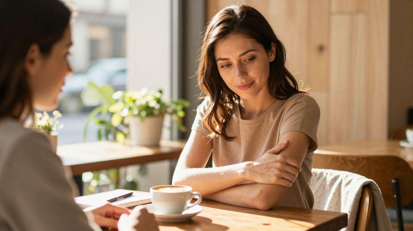 Zwei Frauen im Café, eine schaut nachdenklich auf ihre Tasse. Sonnenlicht fällt durch das Fenster, Pflanzen im Hintergrund.
