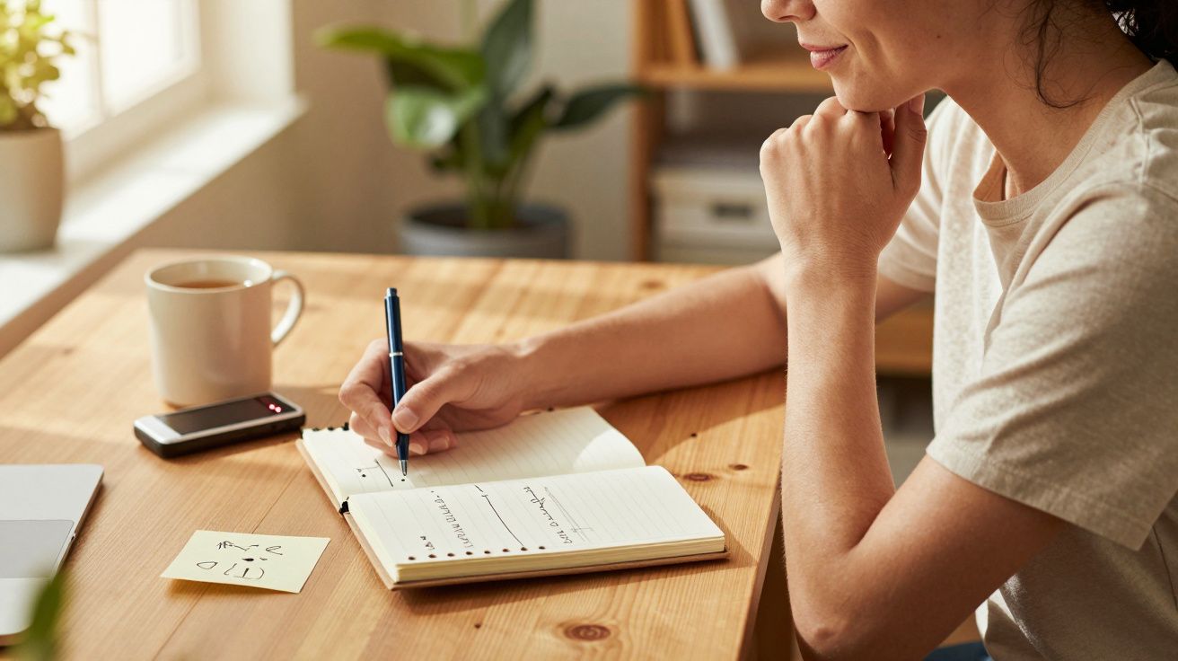 Person notiert in einem Notizbuch an einem Holztisch mit Tasse Kaffee, Smartphone und Pflanze im Hintergrund.