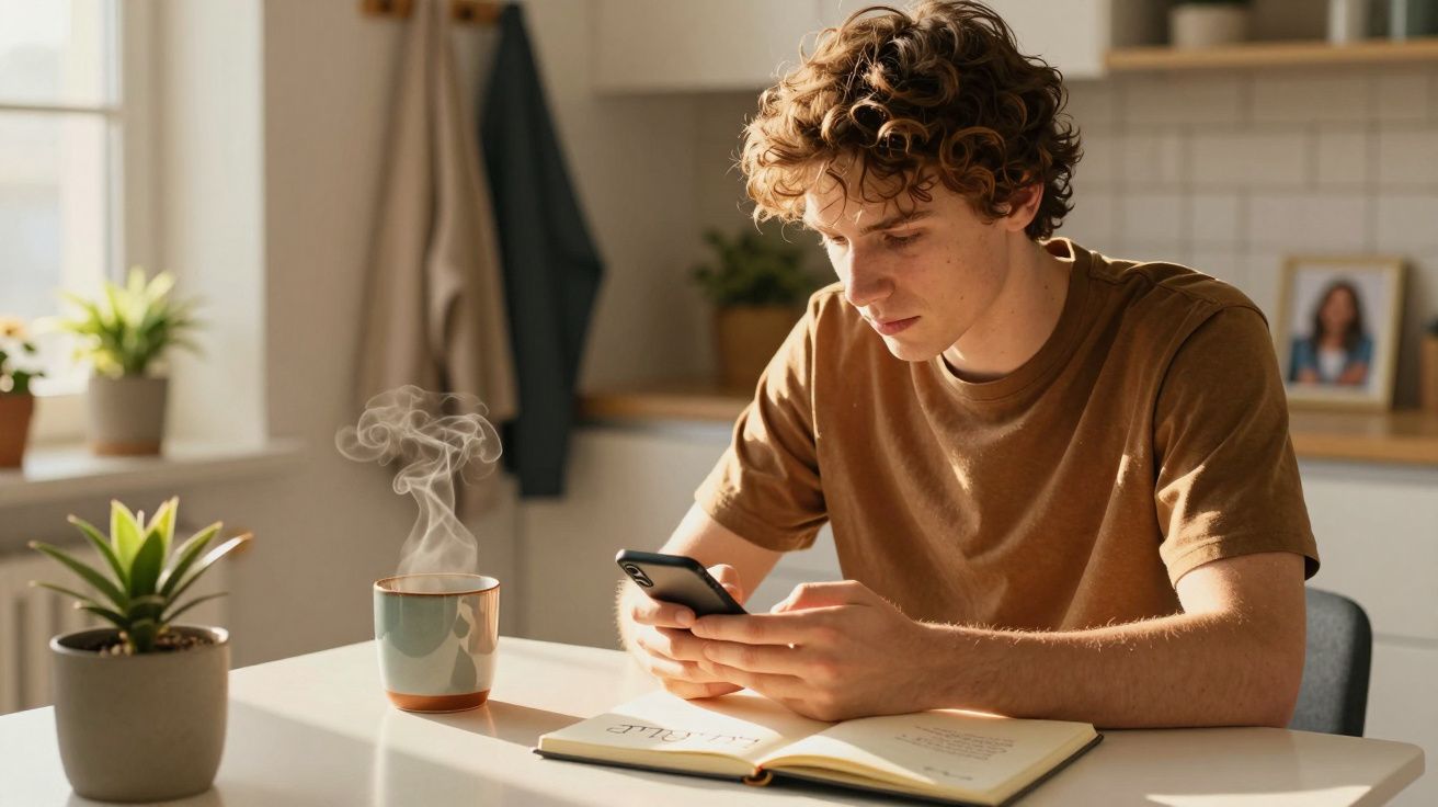 Ein junger Mann sitzt am Tisch, schaut auf sein Handy und hat ein offenes Buch und eine dampfende Tasse vor sich.