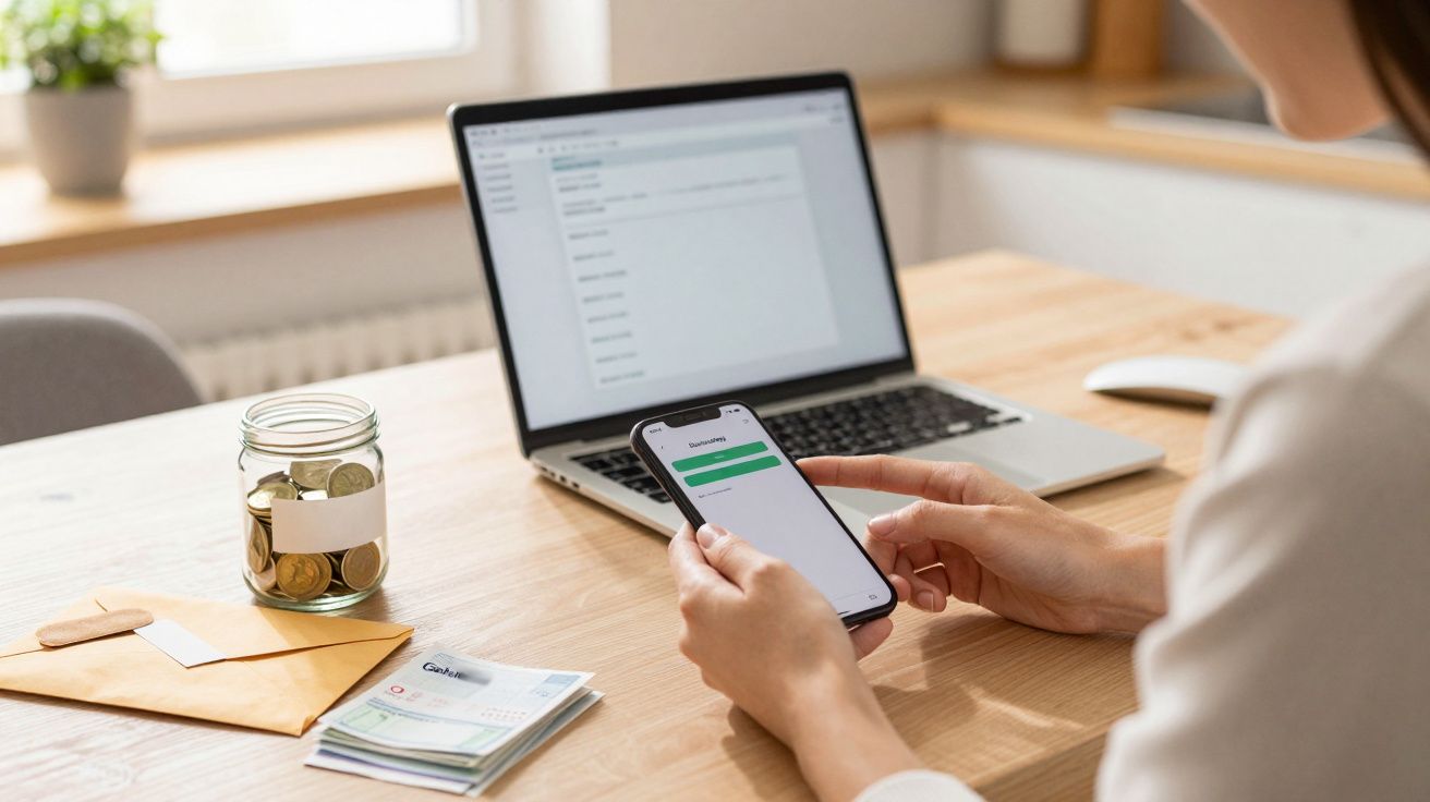 Person am Tisch mit Laptop, hält Smartphone. Münzglas, Umschlag und Rechnungen daneben.