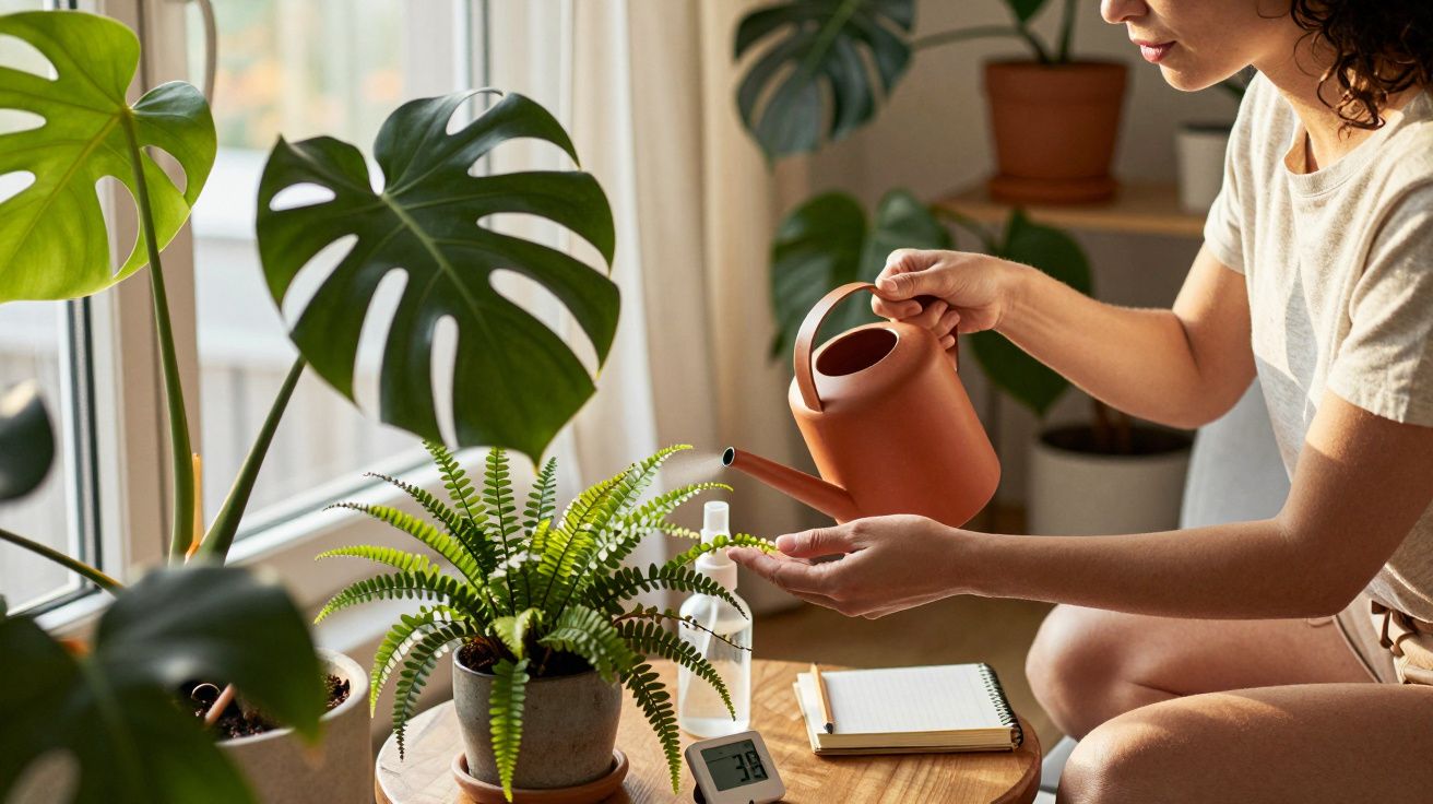 Person gießt Pflanzen in einem sonnigen Raum mit einer orangefarbenen Gießkanne, daneben stehen ein Notizbuch und ein Thermom