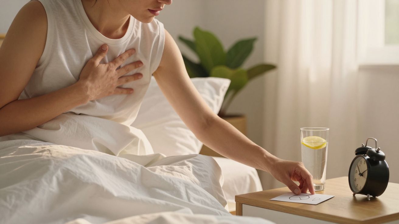 Person im Bett greift nach Tabletten auf dem Nachttisch, daneben Wecker und Wasserglas mit Zitrone.