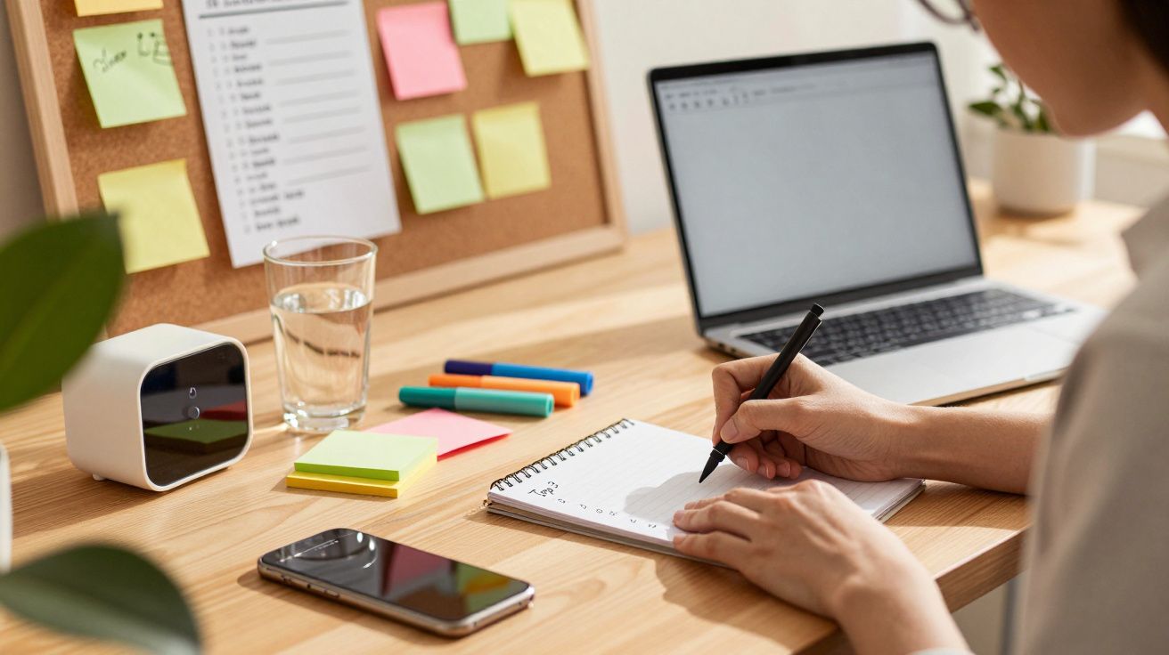 Person am Schreibtisch schreibt in Notizbuch, mit Laptop, Smartphone, Glas Wasser und Notizzetteln im Hintergrund.