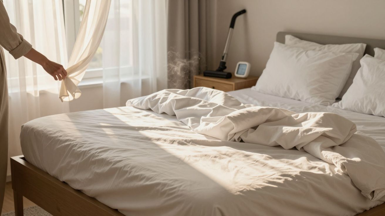 Unordentliches Bett in einem sonnigen Zimmer, eine Person hält den Vorhang, Tageslicht fällt auf die Bettwäsche.