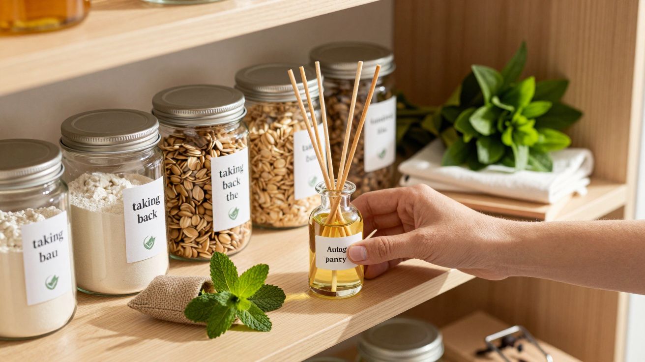 Hand greift nach Duftölflasche mit Holzstäbchen vor einem Regal mit Vorratsgläsern und Kräutern.
