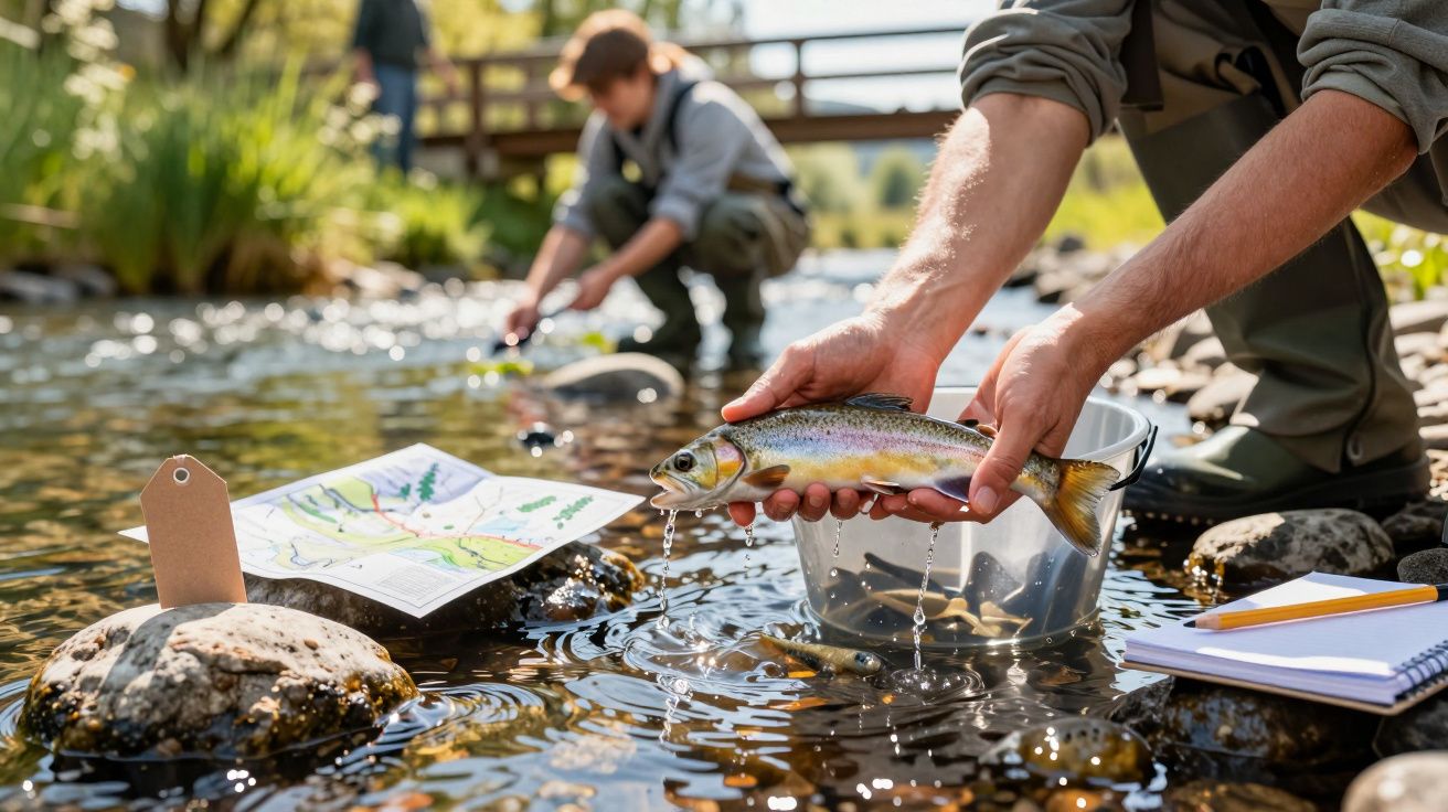 Person hält Forelle über Fluss. Im Hintergrund misst eine weitere Person Wasserqualität. Karten und Notizen sind sichtbar.
