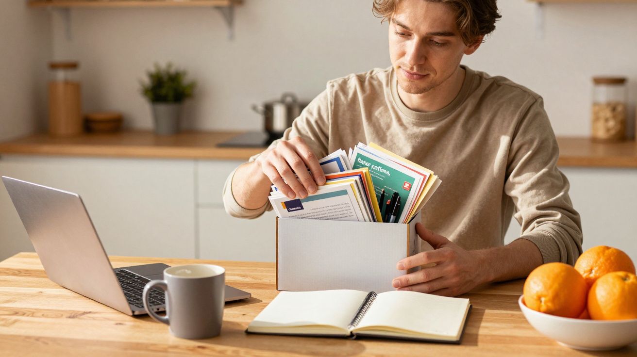 Mann am Tisch mit Laptop, sucht in einer Box mit bunten Karten; daneben ein offenes Notizbuch und Orangen.