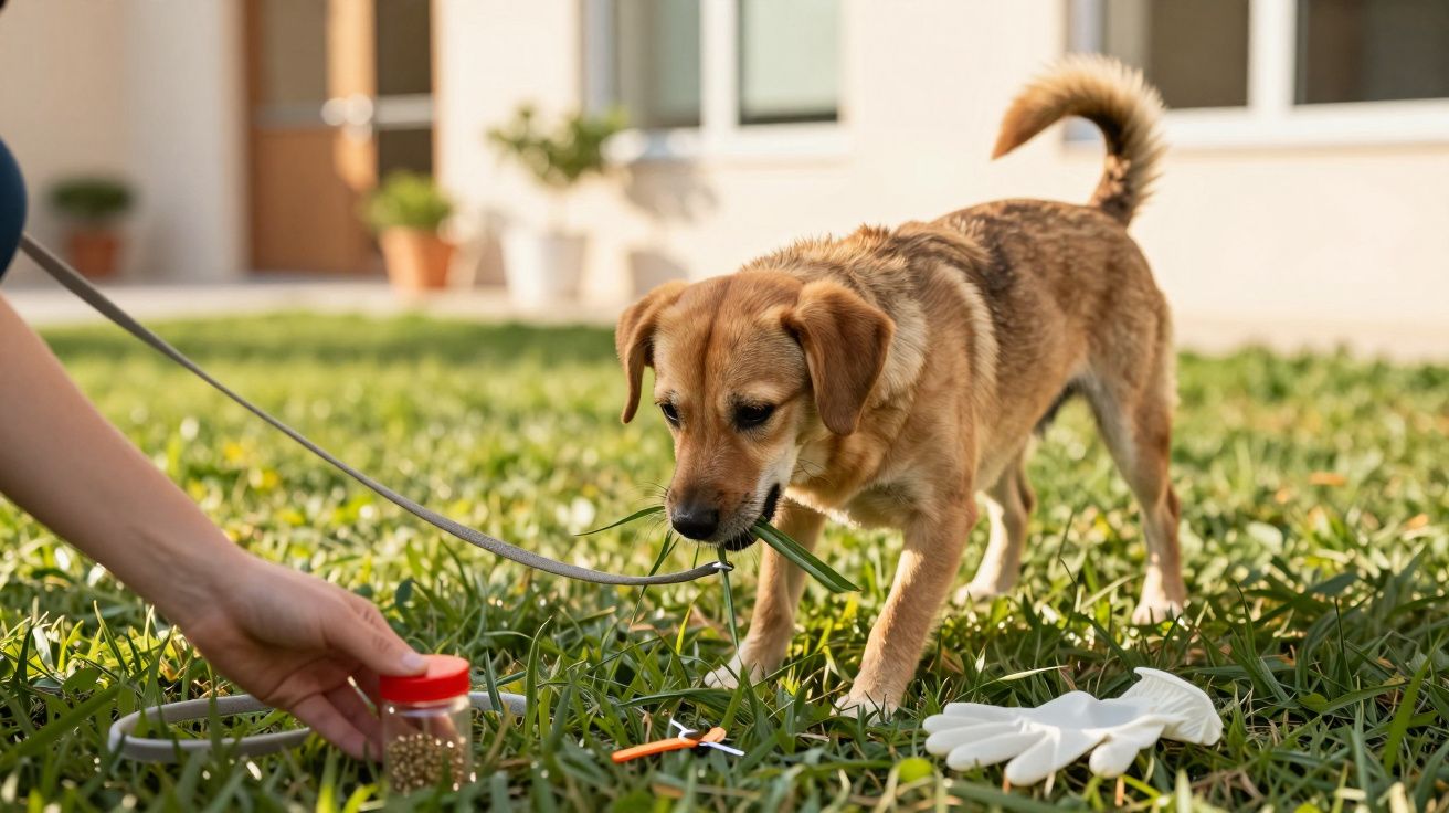 Ein brauner Hund an der Leine schnüffelt im Gras, während eine Hand ein Glas hält. Im Hintergrund ist ein Haus sichtbar.