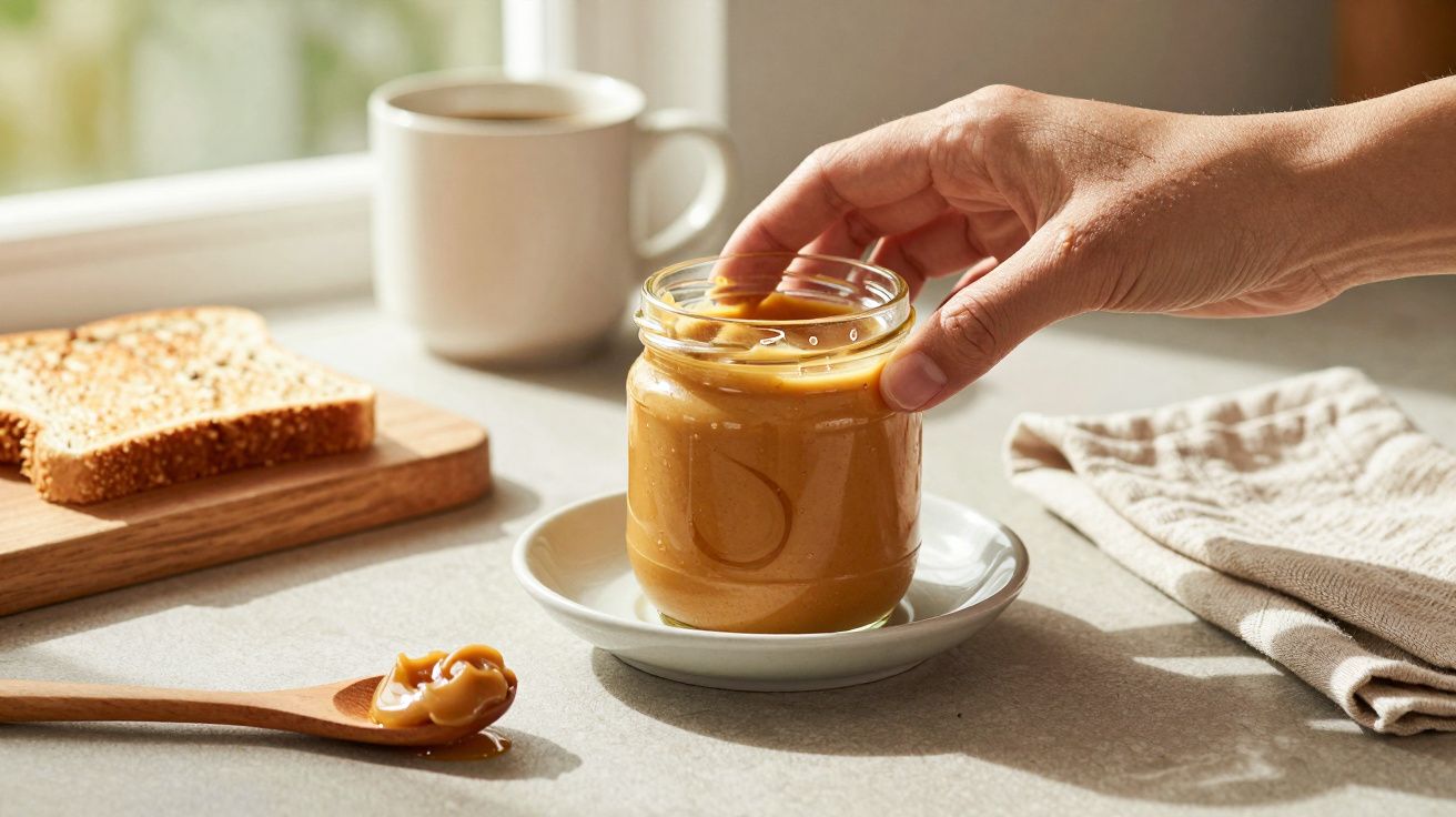 Hand greift nach Erdnussbutterglas auf Tisch mit Toast und Kaffee im Hintergrund, Löffel daneben.