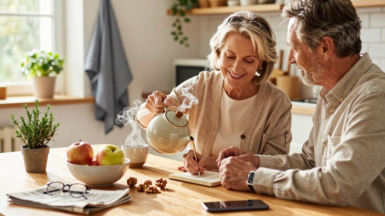Älteres Paar trinkt Tee in einer gemütlichen Küche, dabei lächeln sie und schreiben Notizen in ein Heft am Tisch.