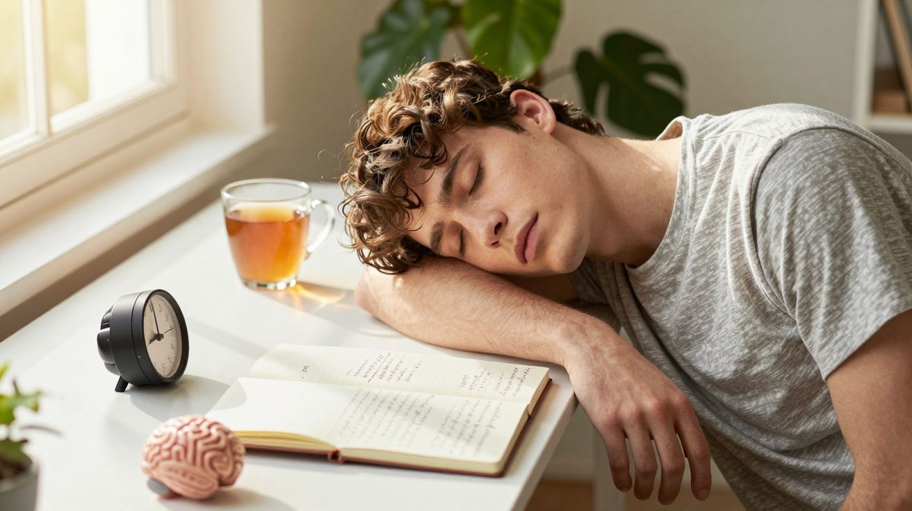 Ein junger Mann schläft an einem Schreibtisch mit einem offenen Buch, einer Teetasse und einem Wecker.