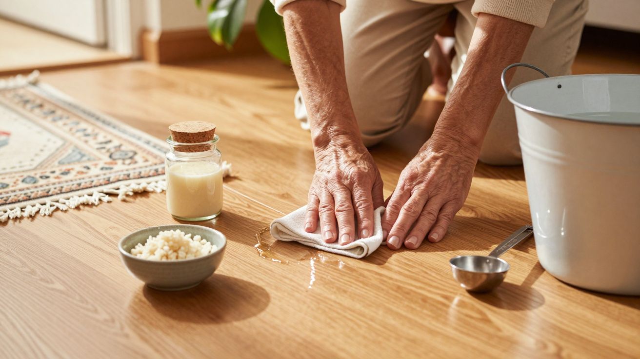 Person reinigt Holzboden mit Tuch neben Eimer und Hausmittelzutaten.