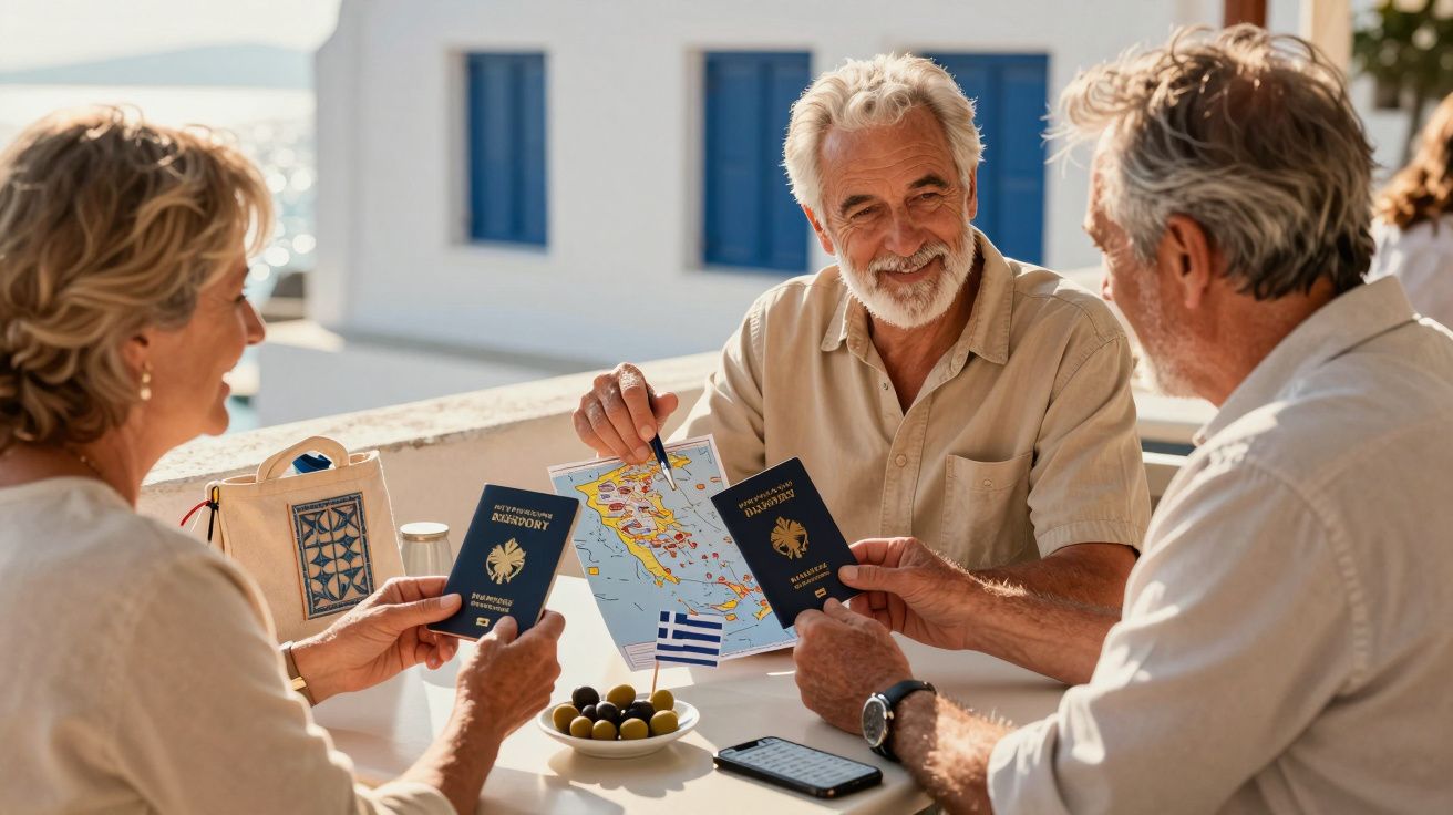 Drei ältere Personen planen eine Reise in Griechenland mit einer Landkarte und Pässen auf einer Terrasse bei Sonnenschein.