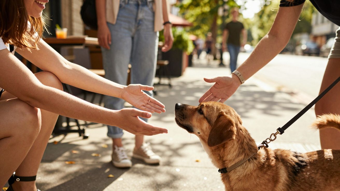 Personen begrüßen freundlich einen Hund auf einer sonnigen Straße.